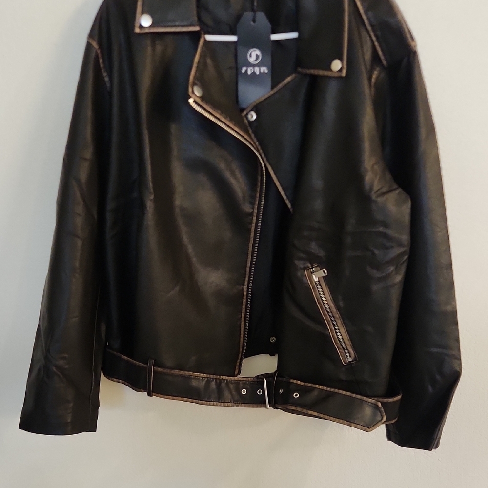 S P Y M Womens Worn Effect Faux Leather Jacket, Faded Moto Biker Coat with Belt - Picture 7 of 10